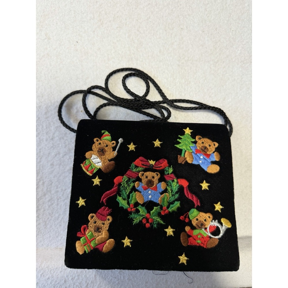Vtg Amanda Smith Christmas Purse Black Velvet Embroidered Decorated Teddy Bears